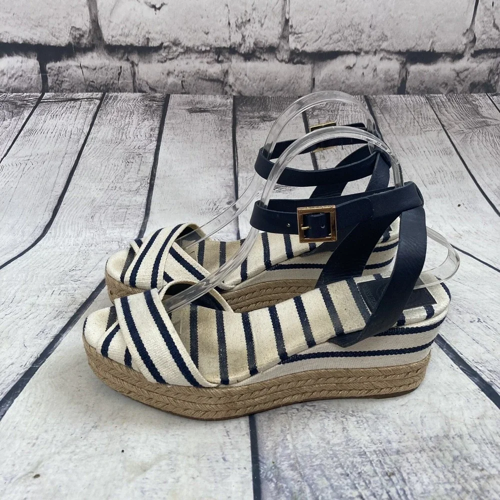Tory Burch Sandal Women sz 10B Leather Striped Espadrille Blue Ivory Ankle Strap